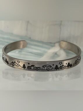 Happy Camper Cuff Bracelet RV Camping Trailer Mountain Aluminum Bracelet